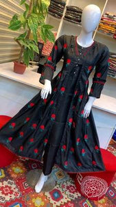 Women's Stitched Embroidered Gown Suit Set - 3 Pcs in Katan Silk