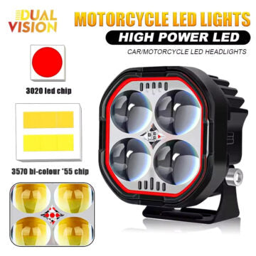 Dual Vision Quad-Lens High-Power LED Auxiliary Light for Motorcycles, Cars & Off-Road Vehicles